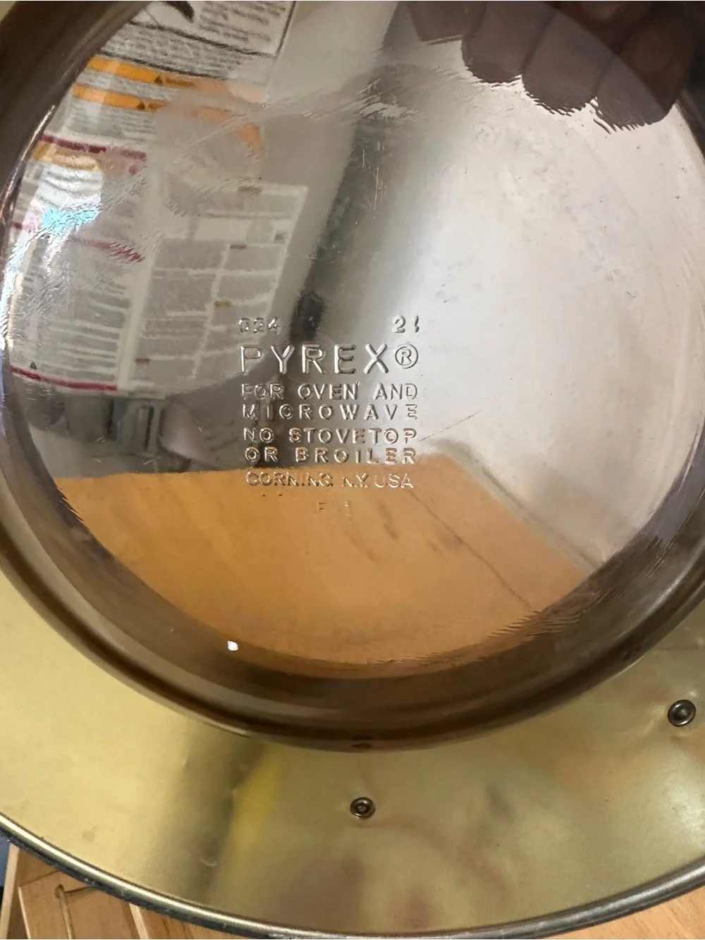 Pyrex Amber Glass Lidded Casserole with Gold Fruit Design